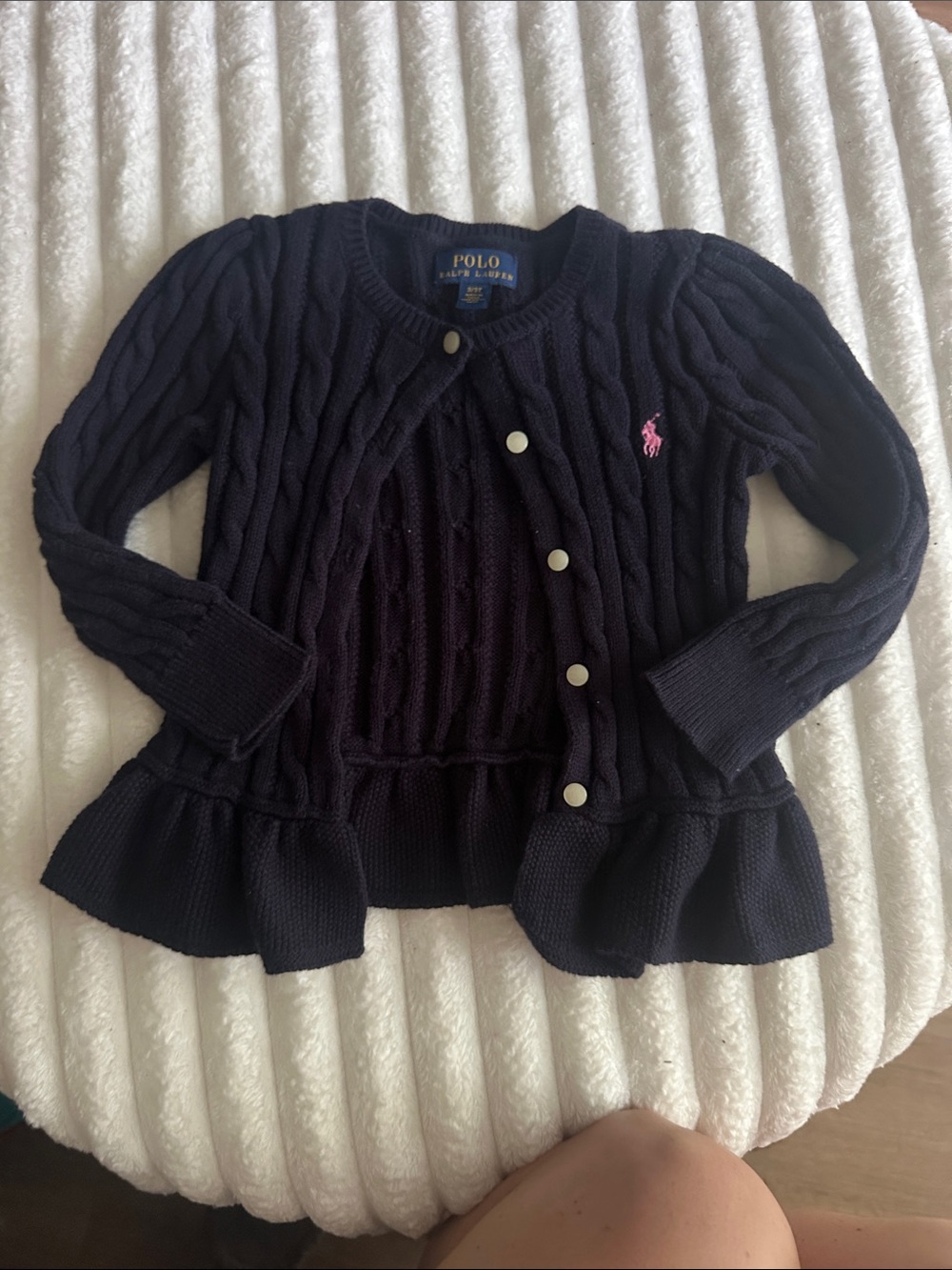 Ralph Lauren Navy Cable Knit Peplum Cardigan with Pink Pony
